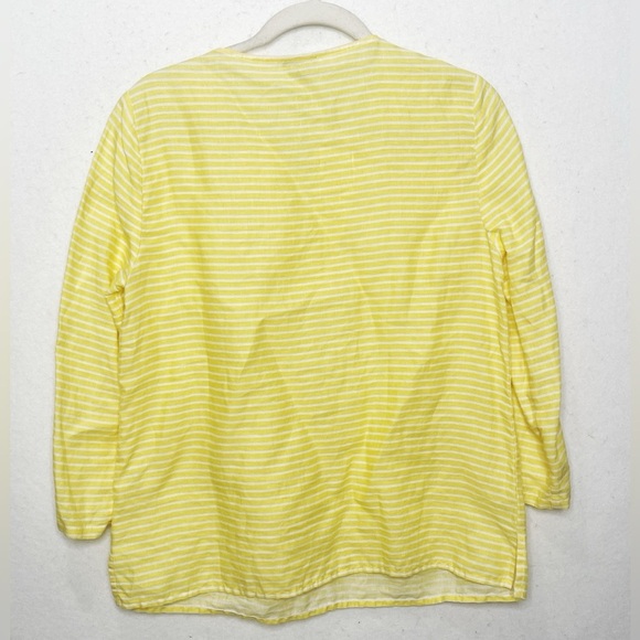 Talbots 100% Linen Yellow White Stripe Embroidered Beaded V-Neck Blouse Petite - Picture 3 of 6
